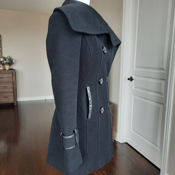 Mackage Black Wool Coat Leather Trim Detail Size XS - Picture 3 of 11